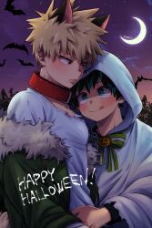  2boys :q animal_ears anime_coloring aqua_eyes aqua_hair arm_around_another's_waist artist_name bakugou_katsuki bandages bite_mark black_shirt blonde_hair blush boku_no_hero_academia bow bowtie bright_pupils chain chain_leash cloak closed_mouth clouds collar collarbone commentary crescent_moon crew_neck eyebrows_hidden_by_hair facial_hair foreground_text freckles from_side fur-trimmed_jacket fur_trim ghost_costume gradient_sky green_jacket halloween happy_halloween hickey highres hood hood_up hooded_cloak jacket jacket_partially_removed kmrn_urak lapels leash long_sleeves looking_at_another looking_down looking_up male_focus midoriya_izuku moon multiple_boys night off-shoulder_jacket off_shoulder official_alternate_costume open_clothes open_jacket outdoors parted_lips pink_sky print_cloak print_hood pumpkin_brooch purple_sky red_collar red_eyes shirt short_hair sideburns_stubble simple_bat sky smile spiky_hair star_(sky) striped_bow striped_bowtie striped_clothes stubble t-shirt tail tongue tongue_out torn_clothes torn_shirt upper_body white_cloak white_pupils white_shirt wolf_boy wolf_ears wolf_tail 