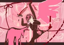  1girl abstract_background black_hair closed_mouth commentary_request dated_commentary extra_arms hair_over_one_eye hand_on_own_neck holding looking_at_viewer monochrome original pink_background pink_eyes pink_theme shee_take short_hair smile solo upper_body 