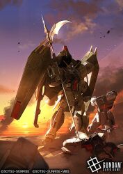  commentary_request forbidden_gundam full_body gundam gundam_seed holding holding_scythe mecha ocean official_art robot scythe serike_w shield sky standing sunset 