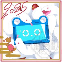  2025 akai_ramu animal border chinese_zodiac classicaloid commentary_request egasumi flower highres looking_at_viewer no_humans object_focus pad-kun_(classicaloid) plum_blossoms snake sweatdrop tablet_pc watermark white_snake year_of_the_snake 