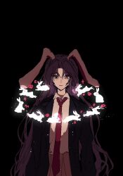  1girl animal_ears bags_under_eyes black_background black_jacket blazer brown_skirt closed_mouth collared_shirt commentary_request cowboy_shot crying crying_with_eyes_open dot_nose dubiansuhai ears_down empty_eyes eye_print highres jacket lapels long_hair long_sleeves necktie no_pupils open_clothes open_jacket parted_bangs pleated_skirt pocket purple_hair rabbit rabbit_ears rabbit_girl red_eyes red_necktie reisen_udongein_inaba shirt shirt_tucked_in simple_background skirt solo sparkle standing tears touhou very_long_hair white_shirt 