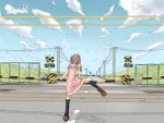  brown_hair chainlink_fence cloud clouds dress fence from_behind koyuki.a original perspective power_lines railroad_crossing railroad_signal railroad_tracks railway sketch sky solo straddle telephone_pole translated twintails 