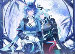  2girls absurdres aqua_hair arcane_(arknights) arknights arknights:_endfield bird_girl black_cloak black_gloves black_thighhighs blue_hair blue_horns blue_jacket cat chen_qianyu_(arknights) cloak closed_eyes closed_mouth commentary dragon_girl dragon_horns dragon_tail eastern_dragon_horns eastern_dragon_tail facial_mark forehead_mark gloves gradient_hair grey_hair head_wings highres horns jacket long_hair long_sleeves multicolored_hair multicolored_horns multiple_girls pink_horns red_thighhighs sdrangers sitting sleeping tail thigh-highs two-tone_horns very_long_hair white_cat wings 
