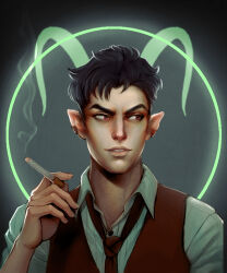  1boy black_hair brown_necktie brown_vest caproka cigarette commentary dress_shirt elezen elf energy_horns english_commentary final_fantasy final_fantasy_xiv holding holding_cigarette lips male_focus necktie original parted_lips pointy_ears portrait red_eyes shirt sideways_glance smile smoke smoking solo striped_clothes striped_shirt vest warrior_of_light_(ff14) white_shirt 