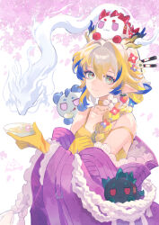 1girl absurdres annotated arknights bare_shoulders blonde_hair blue_hair braid camisole choker closed_mouth colored_extremities commentary_request cup dragon dragon_bean_(arknights) dragon_girl dragon_horns drink dusk_(arknights) earrings eastern_dragon flower green_eyes hair_between_eyes hair_flower hair_ornament hair_over_shoulder highres holding holding_drink horns jacket jewelry ling_(arknights) long_hair makong6593 multicolored_hair nian_(arknights) off_shoulder official_alternate_costume pink_jacket pointy_ears sakazuki shu_(arknights) shu_(spring_feast)_(arknights) solo spaghetti_strap white_hair yellow_choker 