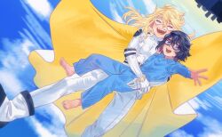  2girls barefoot black_hair blonde_hair blue_eyes blue_pajamas blue_shirt bodysuit bracelet cape carrying carrying_person closed_eyes collared_shirt commentary_request elbow_gloves eye_mask flying full_body gloves hair_between_eyes highres jewelry jiguang_haibao long_hair mask momijiyama_teru multiple_girls open_mouth outstretched_arm pajamas shine_(shy) shirt short_hair shy_(series) siblings sisters sky smile white_bodysuit 