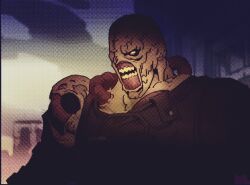  1boy black_coat coat commentary english_commentary exposed_muscle leather monster nemesis_(resident_evil) one-eyed resident_evil resident_evil_3:_nemesis sharp_teeth single_blank_eye stitched_face stitches teeth tentacles vitaliy_shushko 