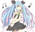  bad_id blue_eyes blue_hair dress hatsune_miku long_hair meet_neet musical_note open_mouth solo spring_onion strap_slip themed_object twintails very_long_hair vocaloid wink 