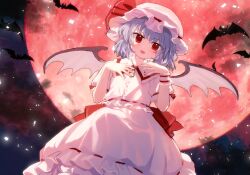  1girl back_bow bat_(animal) bat_wings blue_hair bow collared_shirt commentary_request frilled_shirt_collar frills full_moon hat hat_ribbon looking_at_viewer medium_hair mob_cap moon nanuinu night open_mouth pink_hat pink_shirt pink_skirt puffy_short_sleeves puffy_sleeves red_eyes red_moon remilia_scarlet ribbon shirt short_sleeves skirt skirt_set smile solo touhou wings zun_pose 