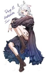  1girl :p animal_ears antlers arm_on_knee bare_shoulders black_boots black_dress black_nails blue_eyes blush boots commentary deer_antlers deer_ears deer_girl dress english_commentary fingernails full_body gradient_clothes gradient_dress hakushika_iori hakushika_iori_(2nd_costume) horns invisible_chair lace-up_boots leg_tattoo long_dress long_sleeves mn374390 nail_polish off-shoulder_dress off_shoulder official_alternate_costume official_alternate_hairstyle phase_connect short_hair side_slit simple_background sitting solo tattoo tongue tongue_out virtual_youtuber white_background white_horns 