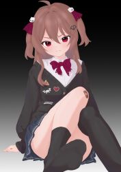  1girl absurdres ahoge arm_support asymmetrical_legwear badge bandaid bandaid_on_knee bandaid_on_leg black_background black_cardigan black_socks black_thighhighs blue_skirt bow bowtie broken_heart broken_heart_hair_ornament brown_hair button_badge cardigan closed_mouth collared_shirt commentary_request dress_shirt evil_neuro-sama evil_neuro-sama_(1st_costume) feet foot_out_of_frame gradient_background hair_between_eyes hair_ornament hair_ribbon heart heart_hair_ornament highres long_hair looking_at_viewer miniskirt no_shoes off-shoulder_cardigan pleated_skirt red_bow red_bowtie red_eyes red_ribbon ribbon shirt single_sock single_thighhigh sitting skirt socks solo thigh-highs torn_bowtie torn_hair_ribbon two_side_up uneven_legwear v-shaped_eyebrows vedal_ai virtual_youtuber white_background white_shirt yumo539959 