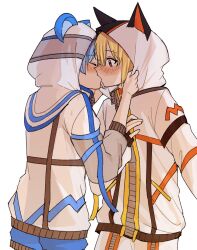  2girls animal_hood bang_dream! bang_dream!_yumemita bear_hood blonde_hair blue_hair blush clothes_grab commentary fox_hood highres hood hood_up hoodie kiss minetsuki_ritsu minetsuki_ritsu_(real) multiple_girls nakamachi_arale nakamachi_arale_(real) pink_eyes sayu_(4uuvk) simple_background white_background white_hoodie yuri 