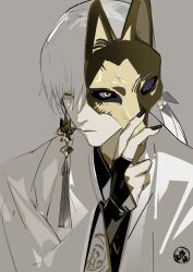  1boy black_bridal_gauntlets black_nails bridal_gauntlets closed_mouth earrings fox_mask fox_mask_(silent_hill) grey_background grey_hair hand_up haori highres holding holding_mask japanese_clothes jewelry long_hair long_sleeves looking_at_viewer male_focus mask montsuki nail_polish nineo ponytail silent_hill_(series) silent_hill_f simple_background sketch solo tassel tassel_earrings unworn_mask upper_body white_haori yellow_eyes 