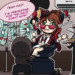  1girl 3others air_conditioner animal_ears applying_pedicure black_jacket black_pants black_shirt bracelet brown_hair carrot chair commentary corded_phone ears_through_headwear electric_fan english_commentary fedora forever_young_(racing)_(umamusume) forever_young_(umamusume) green_eyes hat highres holding holding_nail_file holding_phone holding_tray horse_ears horse_girl jacket jewelry long_hair massage_chair multicolored_hair multiple_others nail_file necktie pants phone plate purple-tinted_eyewear red-tinted_eyewear red_jacket red_streaks shirt shorts shorts_under_skirt sitting skirt speech_bubble streaked_hair sunglasses terkmc tinted_eyewear tray umamusume white_necktie white_skirt white_streaks 