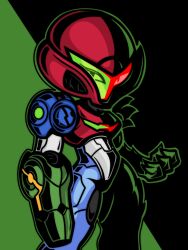  1girl absurdres arm_cannon armor assault_visor blue_armor full_armor green_assault_visor helmet highres looking_at_viewer metroid metroid_ravenous multicolored_armor power_armor power_suit_(metroid) ravenous_suit red_helmet samus_aran simple_background two-tone_background virgate weapon 