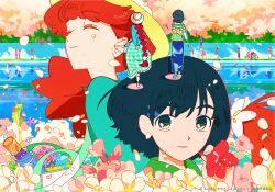  2girls bag bird black_eyes black_hair braid cherry_blossoms closed_eyes collared_shirt commentary_request dress flower full_body hair_flower hair_ornament hair_tie hat highres lake lara_(sayonara_lara) light_smile long_dress long_hair long_sleeves multiple_girls multiple_views official_art ootsu_mari outdoors people petals portrait red_hair sayonara_lara shirt shoes short_hair single_braid tree umbrella walking 