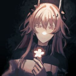  arknights black_background complex_lighting demon demon_girl demon_horns dim_lighting flower half-closed_eyes highres holding holding_flower horns long_hair looking_at_object mintyy_pie pink_eyes pink_hair sad sad_smile theresa_(arknights) very_long_hair white_flower 
