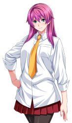  1girl aqua_eyes black_pantyhose blue_eyes blush breast_pocket breasts casual closed_mouth collared_shirt cowboy_shot game_asset gentle_sasaki hair_between_eyes hand_on_own_hip large_variant_set long_hair long_sleeves looking_at_viewer miniskirt necktie non-web_source official_art pantyhose pink_hair pleated_skirt pocket purple_hair red_skirt self-datamine shindou_hatsune shirt simple_background skirt smile solo soukou_senki_prism_reica standing tachi-e transparent_background variant_set white_shirt yellow_necktie 