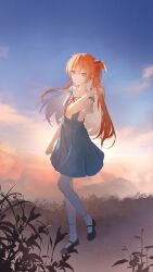  1girl absurdres bare_legs black_shoes blue_eyes blue_skirt character_request check_character chinese_commentary closed_mouth clouds commentary_request floating full_body highres long_hair looking_at_viewer neon_genesis_evangelion orange_hair red_ribbon ribbon shirt shoes skirt sky socks solo souryuu_asuka_langley suspenders twintails white_shirt white_socks z-bow 