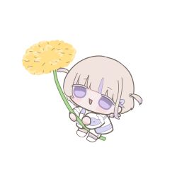  1girl :3 :d blonde_hair blunt_bangs blush_stickers chibi chibi_only commentary dandelion flower full_body highres holding holding_flower hololive hololive_dev_is jacket multicolored_hair open_mouth paum_aq purple_streaks short_hair simple_background smile solo standing streaked_hair todoroki_hajime untranslatable_commentary violet_eyes virtual_youtuber white_background white_jacket 
