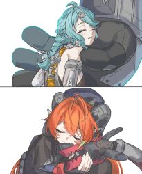  2girls 2others ahoge bare_shoulders black_hat black_horns blue_hair braid closed_eyes closed_mouth commentary_request curled_horns dragon_girl dragon_horns elbow_gloves fingerless_gloves flower_hairclip gloves hair_between_eyes hair_ornament happy hat highres horns long_hair magus_(zenless_zone_zero) mecha mechanical_horns mechanical_tail multiple_girls multiple_others orange_hair orphie_magnusson pointy_ears robot seed_(zenless_zone_zero) seed_sr. smile tail twintails vvo_uvv zenless_zone_zero 