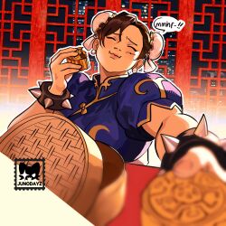  1girl absurdres bamboo_steamer blurry blurry_foreground bracelet chewing chinese_clothes chun-li closed_eyes double_bun eating english_commentary english_text facing_viewer food hair_bun happy highres holding holding_food jewelry junodayz mooncake pov solo spiked_bracelet spikes street_fighter upper_body 