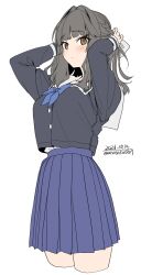  1girl absurdres arms_up artist_name blue_bow blue_cardigan blue_skirt blush bow braid breasts brown_eyes cardigan closed_mouth grey_hair hair_bow highres long_hair long_sleeves looking_at_viewer medium_breasts original pleated_skirt sailor_collar school_uniform simple_background skirt solo thighs tying_hair unasaka_ryou white_background white_sailor_collar zettai_ryouiki 