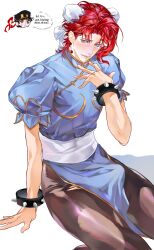  absurdres atthreenight blue_dress blush bracelet brown_pantyhose bulge bun_cover chibi chinese_clothes chun-li chun-li_(cosplay) commentary_request cosplay double_bun dress ear_piercing earrings food-themed_earrings hair_bun hand_on_ground highres jewelry jojo_no_kimyou_na_bouken kakyoin_noriaki kujo_jotaro looking_at_viewer male_focus mandarin_collar medium_hair pantyhose pelvic_curtain piercing puffy_short_sleeves puffy_sleeves qipao red_hair sash short_sleeves simple_background sitting spiked_bracelet spikes stardust_crusaders violet_eyes waist_sash white_background 