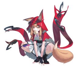  1girl 99deok absurdres animal_ear_fluff animal_ears arknights arknights:_endfield belt biting blonde_hair boots cape commentary dress ears_through_headwear ears_through_hood fingerless_gloves food full_body gloves high-waist_belt highres hood hood_up hooded_cape jewelry looking_at_viewer low-tied_sidelocks necklace pout red_cape rossi_(arknights) short_hair_with_long_locks sidelocks sleeveless socks solo spread_legs squatting steamed_bun straight-on tail tiptoes tooth_hair_ornament tooth_necklace white_background wolf_ears wolf_girl wolf_tail zipper 