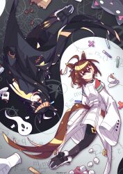  2girls agnes_tachyon_(tach-nology)_(umamusume) agnes_tachyon_(umamusume) ahoge animal_ears beaker black_coat black_gloves black_hair brown_hair cat chemical_structure closed_mouth coat coffee coffee_beans coffee_mug commentary cup division_sign ear_tag earrings english_commentary ghost gloves hair_between_eyes highres horse_ears horse_girl horse_tail jewelry lab_coat long_bangs long_hair long_hair_between_eyes long_sleeves looking_at_viewer manhattan_cafe_(creeping_shadow)_(umamusume) manhattan_cafe_(umamusume) math mug multicolored_hair multiple_girls necktie pantyhose parted_lips red_eyes ruler saucer scalizo shoes single_earring sleeves_past_fingers sleeves_past_wrists smile sugar_cube tail test_tube umamusume white_coat white_hair yellow_eyes yellow_necktie 