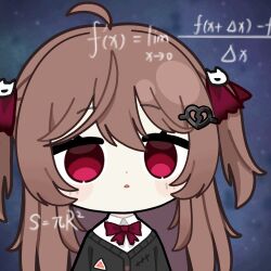  1girl ahoge animated animated_gif black_cardigan blush_stickers bow bowtie broken_heart broken_heart_hair_ornament brown_hair cardigan chunye_haruya collared_shirt commentary commission dot_nose empty_eyes english_commentary evil_neuro-sama evil_neuro-sama_(1st_costume) from_side hair_between_eyes hair_ornament hair_ribbon heart heart_hair_ornament long_hair lowres math math_lady_(meme) meme red_bow red_bowtie red_eyes red_ribbon ribbon second-party_source shirt skull_hair_ornament solo sticker_(medium) transparent_background triangle_mouth two_side_up upper_body upwards_triangle_mouth vedal_ai virtual_youtuber white_shirt 