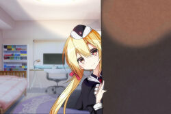  1girl arihara_nanami black_capelet black_hat blonde_hair blush capelet chinese_commentary closed_mouth commentary_request garrison_cap hair_between_eyes hair_ribbon hat imoe_(1017933989) indoors long_hair long_sleeves looking_at_viewer low_twintails peeking_out red_eyes red_ribbon ribbon riddle_joker smile solo split_mouth twintails upper_body 