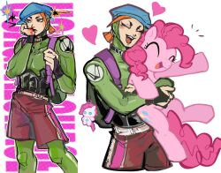  1boy animal artist_name backpack bag black_bridal_gauntlets black_choker blood blood_on_clothes blood_on_face blood_on_hand blue_eyes blue_hat bodysuit bridal_gauntlets charm_(object) choker closed_eyes cutie_mark green_bodysuit hat heart highres holding holding_animal horse jojo_no_kimyou_na_bouken laughing long_sleeves looking_to_the_side my_little_pony naru_tomaki newsboy_cap open_mouth orange_hair pants_under_shorts pink_fur pink_hair pink_tail pinkie_pie pony_(animal) purple_bag red_shorts shorts simple_background the_jojolands usagi_aloha'oe watermark white_background 