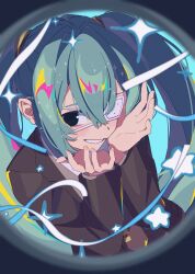  1girl absurdres aqua_hair black_eyes black_jacket black_necktie blush commentary double-parted_bangs eyepatch freckles grin hair_between_eyes hair_intakes hair_ornament hands_up hatsune_miku highres jacket kacom_art long_hair looking_at_viewer medical_eyepatch monitoring_(vocaloid) necktie pov_peephole sidelocks smile solid_eyes solo sparkle sparkling_aura star_(symbol) twintails upper_body vocaloid 