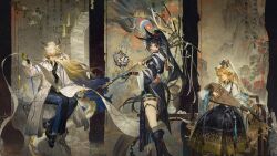  3girls absurdres animal_ears aqua_nails arknights bead_bracelet bead_necklace beads black_gloves black_hair black_pants black_shirt blaze_(arknights) blaze_the_igniting_spark_(arknights) blonde_hair blue_eyes boots bracelet breasts calligraphy cat_ears cat_girl cat_tail center_frills character_request chinese_clothes coat crossed_ankles curtained_hair dragon_girl dragon_horns dragon_tail drill_hair drill_sidelocks earrings eastern_dragon_horns eastern_dragon_tail elbow_gloves eyeliner flower frills full_body gloves gradient_hair grey_hair hair_between_eyes hair_flower hair_ornament hair_ribbon hair_rings high_ponytail highres holding holding_instrument horns infection_monitor_(arknights) instrument jewelry knee_boots long_hair makeup mamianqun medium_breasts multicolored_hair multiple_girls necklace object_floating_above_hand official_alternate_costume official_alternate_hairstyle official_art orange_eyeliner pants pipa_(instrument) playing_instrument pointy_ears ponytail purple_robe ribbon robe scroll second-party_source see-through_clothes see-through_veil shirt shu_(arknights) shu_(everflowing_waters)_(arknights) sidelocks single_elbow_glove sitting small_breasts swire_(arknights) swire_the_elegant_wit_(a_prosperous_visage)_(arknights) swire_the_elegant_wit_(arknights) tail tassel tassel_earrings thigh_strap tiger_ears tiger_girl tiger_tail veil very_long_hair white_coat wrist_wrap yellow_hands zhongguo_hua 