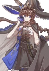  1girl ambience_synesthesia amiya_(arknights) amiya_(medic)_(arknights) amiya_(medic)_(solo_around_the_world)_(arknights) animal_ears apple arknights black_cape black_dress black_gloves black_hat blue_apple blue_eyes blue_hat brown_hair cape chinese_commentary closed_mouth clothes_writing commentary_request cowboy_shot crossed_bangs de-lease dress ears_through_headwear food frilled_dress frilled_hat frills fruit gloves grey_cape hair_between_eyes hat highres holding holding_food holding_fruit holding_own_cape jewelry long_hair multiple_rings official_alternate_costume ring simple_background single_glove smile solo split_mouth standing two-sided_cape two-sided_fabric two-sided_headwear white_background witch_hat 