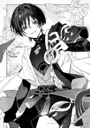  1boy anemo_symbol_(genshin_impact) arm_at_side armor belt bishounen blunt_ends bodysuit bow bridal_gauntlets commentary_request feathered_wings fingernails furisode gem genshin_impact greyscale hair_intakes hand_up highres japanese_armor japanese_clothes juban kimono kote looking_at_viewer male_focus mandarin_collar middle_ring monochrome nitoooo_00 open_clothes open_hands open_kimono pom_pom_(clothes) rope sash scaramouche_(genshin_impact) short_sleeves shorts shoulder_peek side_cape solo tassel tsurime twitter_username vision_(genshin_impact) wanderer_(genshin_impact) watermark wings wispy_bangs wolf_cut 