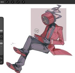  1other black_gloves black_pants clock coat commentary_request dante_(limbus_company) fire gloves gold_trim highres lapels limbus_company nanahara191 necktie notched_lapels object_head pants paw_print_soles personal_digital_assistant project_moon red_coat red_necktie solo 