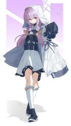  1girl absurdres ammunition_pouch black_shoes blue_archive braid bulletproof_vest closed_mouth dress full_body gas_mask guignol halo highres holding holding_mask hood hooded_jacket jacket looking_at_viewer mask pouch purple_background red_eyes shadow shoes simple_background socks solo twin_braids two-tone_background walking white_background white_dress white_halo white_jacket white_socks 