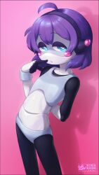  android arched_back arm_behind_back blue_eyes colored_skin highres humanoid_robot kidakash looking_at_viewer medium_hair metal_skin open_mouth original pink_background pointing_at_mouth purple_hair robot robot_ears robot_girl science_fiction self-upload standing tiara 