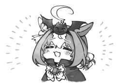  1girl :d =_= animal_ears animal_hairband bat_(animal) candy cape cloak commentary_request ear_covers fangs fangs_out food greyscale highres holding holding_candy holding_food horse_ears horse_girl mame_nabe_donko medium_hair meisho_doto_(umamusume) monochrome single_ear_cover smile solo umamusume vampire_costume 