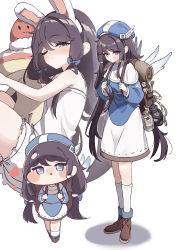  1girl absurdres animal_ears backpack bag beret blue_bow blue_dress blue_hat boots bow brown_bag brown_boots chibi dress fake_animal_ears full_body glass_jar gun hat highres hugging_doll hugging_object kneehighs lantern leader_(trickcal) long_hair low_twintails mayo_(trickcal) multicolored_dress multiple_views rabbit_ears revolver shadow socks trickcal twintails weapon white_background white_dress white_socks wing_hat_ornament wings yuwano_(yuwanoonsen) 