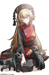  absurdres black_dress black_hat blonde_hair chinese_clothes crescent_print dalachi_(headdress) dress hat highres junko_(touhou) long_hair long_sleeves neck_ribbon one-hour_drawing_challenge red_tabard ribbon tabard touhou ve1024 wide_sleeves yellow_ribbon 