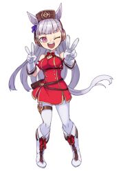  1girl :d ;d animal_ears armband blunt_bangs blush boots bow breasts brown_hat commentary_request double_v dress ear_bow ear_ribbon full_body gloves gold_ship_(red_strife)_(umamusume) gold_ship_(umamusume) grey_hair hat horse_ears horse_girl horse_tail kusanagi_kaoru large_breasts long_hair looking_at_viewer one_eye_closed open_mouth pantyhose pillbox_hat red_bow red_dress simple_background sleeveless sleeveless_dress smile solo striped_armband striped_clothes tail teeth umamusume upper_teeth_only v violet_eyes white_background white_boots white_gloves white_pantyhose 