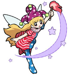  1girl :d absurdres american_flag american_flag_print blonde_hair blush_stickers fairy_wings flag_print full_body hat highres holding holding_torch jester_cap leggings long_hair looking_at_viewer neck_ruff red_eyes sach56000 smile solo standing standing_on_one_leg star_(symbol) torch touhou very_long_hair white_background wings 