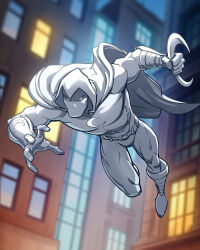  1boy bodysuit boots cape city commentary english_commentary gloves hood hooded_cape marvel moon_knight night outdoors patrick_brown solo white_bodysuit white_boots white_cape white_gloves white_hood 