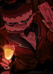  1boy artist_name bow bowtie caine_(the_amazing_digital_circus) card champagne_flute cup dim_lighting drinking_glass formal_clothes glint gloves gryazyuka88 hand_up hat heterochromia highres holding holding_card holding_cup jacket playing_card red_jacket sitting suit teeth the_amazing_digital_circus tongue tongue_out top_hat tuxedo twitter_username upper_body wine_glass 