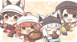  4girls :3 :d :p ahoge animal_ear_fluff animal_ear_piercing animal_ears blush_stickers border bowl brown_eyes brown_hair chibi chibi_only chopsticks closed_eyes closed_mouth commentary_request crossed_bangs eating food fox_ears fox_girl full_body gentaro_(g_teall) green_eyes hair_between_eyes hair_ornament hair_through_headwear hairclip hat highres hololive kamaboko long_hair looking_at_viewer multiple_girls narutomaki noodles ookami_mio oozora_subaru open_mouth outline outside_border parallel_hairclips pink_hair ramen sakura_miko shirakami_fubuki short_hair smile standing teeth tongue tongue_out upper_teeth_only virtual_youtuber white_border white_hair white_hat white_outline wolf_ears wolf_girl yellow_background 