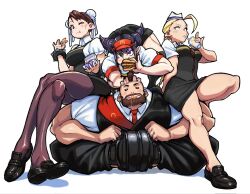  1boy 3boys bare_legs black_hair black_thighhighs blonde_hair blood brown_eyes burger cammy_white chicken_(food) chun-li commentary_request crossed_legs cup drinking_straw eating food fried_chicken green_hair han_juri highres holding holding_burger holding_food hori_shin long_hair looking_at_viewer mcdonald's multicolored_hair multiple_boys multiple_girls nosebleed one_eye_closed purple_hair sitting sitting_on_person street_fighter thigh-highs zangief 