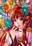  bad_id bow colored_eyelashes colorful eyelashes face finger_to_mouth flower hair_bow hair_tubes hakurei_reimu hand_to_mouth multicolored_eyes open_mouth pucchomokkyuri123 red_hair redhead solo tongue touhou traditional_media 